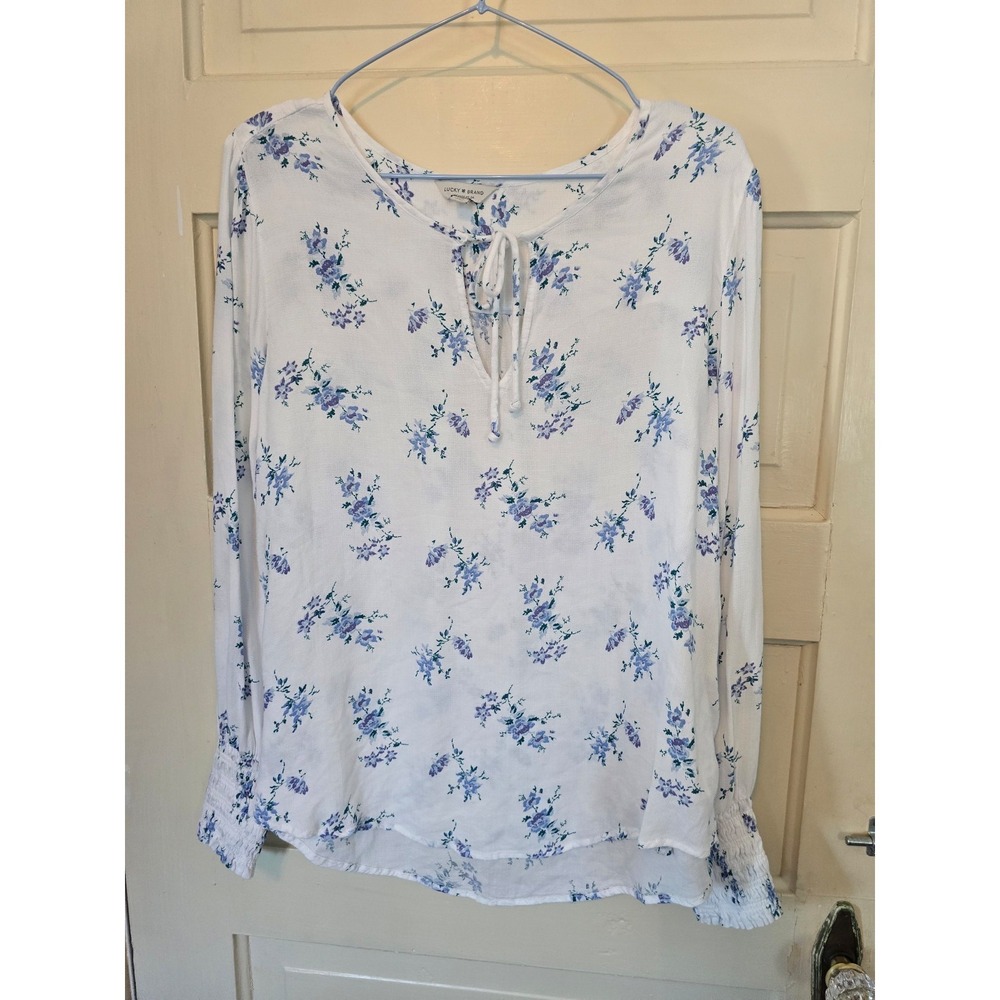 Lucky Brand Womens White Blue Floral Smocked Sleeve Tie Front Blouse Large